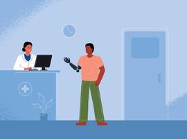 Disabled a patient with a prosthesis communicates with the clinic administrator to make an appointment with a doctor vector