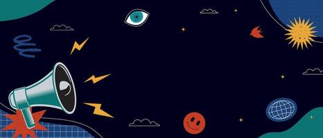 Colorful background illustration in a minimalist style with a loudspeaker, various design elements, textures and shapes for an advertising banner, announcement, presentation. vector