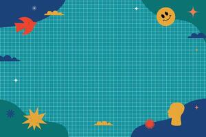 Blue checkered background with bright design elements, textured shapes. vector