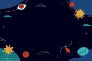Dark horizontal background with bright design elements, textured shapes, outlined forms and stickers. vector