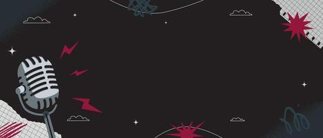 Textured background in the style of a minimalist collage with a retro microphone, torn pieces of paper, strokes on a black background. vector