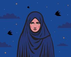A Muslim woman covered with a headscarf with a sad face on a dark background. A symbol of depression, despair, hopelessness. vector