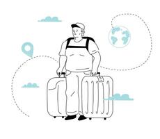 A hand-drawn obese man with suitcases at the airport, waiting for departure. The concept of a single person's journey. vector