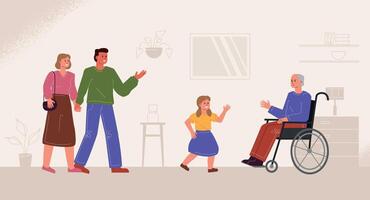 Meeting with relatives in a nursing home. A married couple with their daughter visits their grandfather in a wheelchair in an asylum. vector