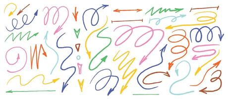 A set of hand-drawn colored arrows on a white background. Doodles, textured design elements. vector