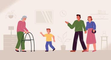 Meeting with relatives in a nursing home. Family with son visits disabled grandmother in asylum. vector