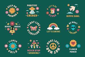 A collection of naive hipster stickers, labels. Outline groovy design elements with ufo, flower, rainbow, alien, mushrooms, bird. vector