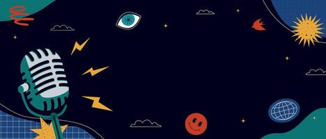 Colorful background illustration in minimalist style with retro microphone, different design elements, textured shapes for podcast. vector