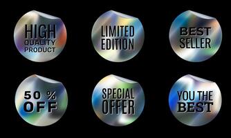 a set of round iridescent holographic retro stickers in y2k style, shiny emblems of various shapes vector
