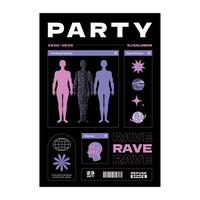 A futuristic sci fi poster for a rave party. A design template with a silhouette of a man and his aura, a head profile and a texture of stars. vector