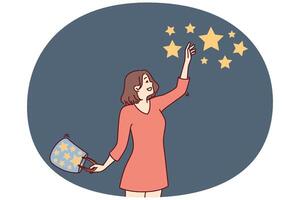Happy woman collects stars from sky and folds bag for metaphor for finding success and good luck vector