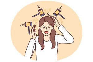 Upset woman experiencing headache standing among hammers symbolizing buzzing in ears vector