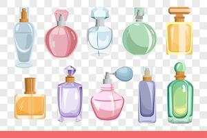 Perfume in different bottles, for choosing best smell and aroma created from flowers. vector