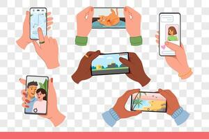 Mobile phones and smartphones are in hands of people having fun using applications. vector