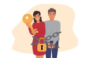 Husband hostage in marriage due to bad wife who chained loved one in order to preserve relationship vector