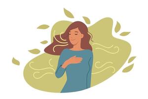 Woman develops mindfulness through meditation in park and enjoying fresh air produced by plants vector