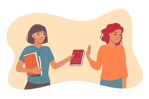 Woman student refuses to read book suggested by teacher to improve knowledge and prepare for exam vector