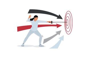 Purposeful woman hits target with rapier, demonstrating accuracy and skills in using edged weapons vector