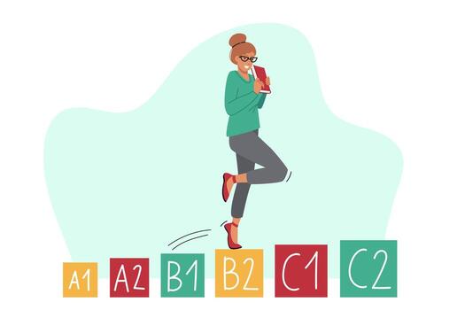 mujer estudios Inglés y hace progreso, caminando arriba pasos simbolizando nivel de conocimiento vector