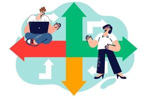 Teamwork of man and woman discussing business strategy, finding solution and way out of impasse vector