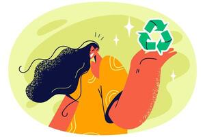 Smiling woman with recycling symbol in hands vector