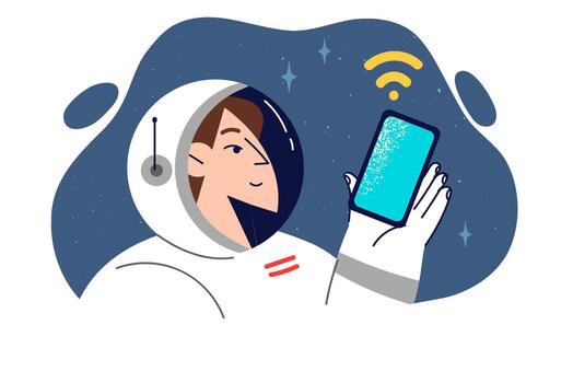Woman astronaut holds smartphone while in space orbit, dressed in spacesuit and cosmonaut clothes vector