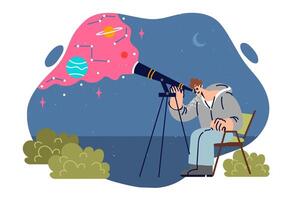 Man amateur astronomer uses telescope looking at stars and planets, sitting on chair in open air vector