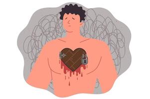 Broken-hearted man experiences chest pain with depression after breaking up with girlfriend vector