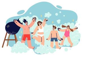 Foam party for family visiting aqua park, dancing near cannon to create foam and cheer up kids vector