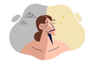 Hypersensitive woman suffers from bad weather and enjoys sun, due to start production of melatonin vector