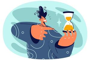 Smiling man point at sandglass vector