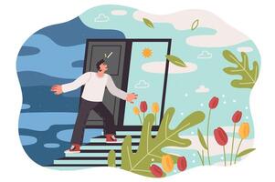 Progress for man getting out of cloudy place and entering through door into area with summer weather vector