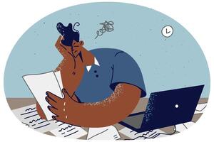 Tired employee overwhelmed with paperwork vector