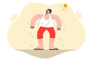 Man feels exhaustion standing under sun with scorching rays, due to lack of trees creating shade vector