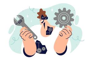 Man cyborg with implanted robot parts replacing organs and eyes fixes himself with wrench vector
