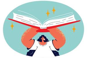Smiling girl with huge book in hands vector