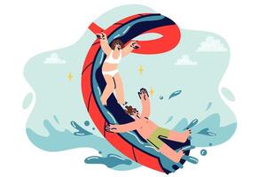 Waterslide in water park with laughing children sliding down into pool and splashing water vector