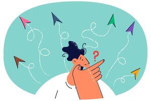 Confused man with arrows facing different directions vector