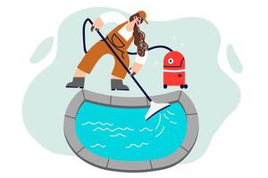 Woman cleans swimming pool using special vacuum cleaner to avoid appearance of bacteria and algae vector