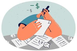 Unhappy man distressed with debt paperwork vector