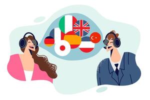 Simultaneous translation technology for man and woman using headphones and translator to communicate vector