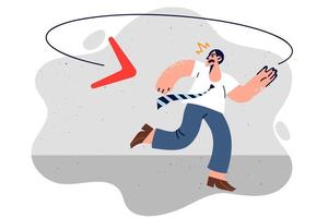 Business man is running away from boomerang, trying to hide from consequences of own actions vector