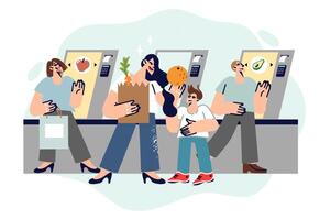 Vending machines and vending equipment or self-service cash registers behind people vector