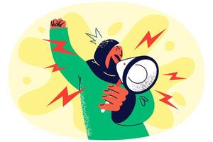 Mad woman in hijab shout in megaphone vector