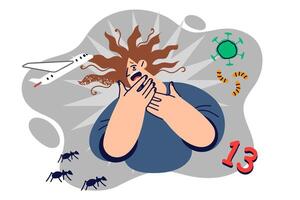 Irrational phobias and fears in women who is afraid airplanes and number 13 or insects and bacteria vector