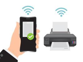 Man's hands hold a smartphone and print a document to a wireless printer. vector