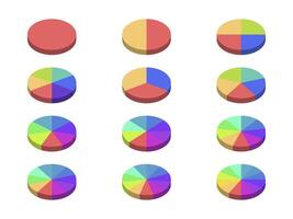 Pie chart with divided segments in 3d Visualization in multiple colors on white background. Circle pie chart in 1,2,3,4,5,6,7,8,9,10,11,12 sections or segments. Used for analyzing data. vector