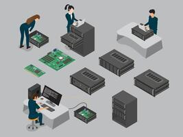 Engineers Working in Data Center Room. Installation and configuration hardware. vector