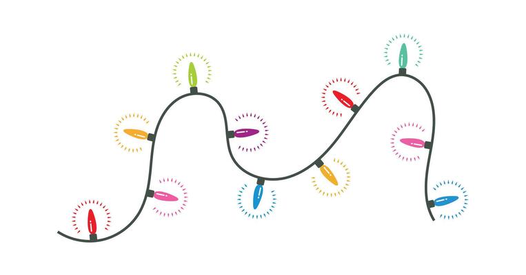 Christmas string lights on white background.