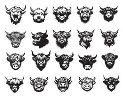 Set of Highland Cow face illustration in black and white, Cattle Silhouette Design, Highlands Head Logo Design vector